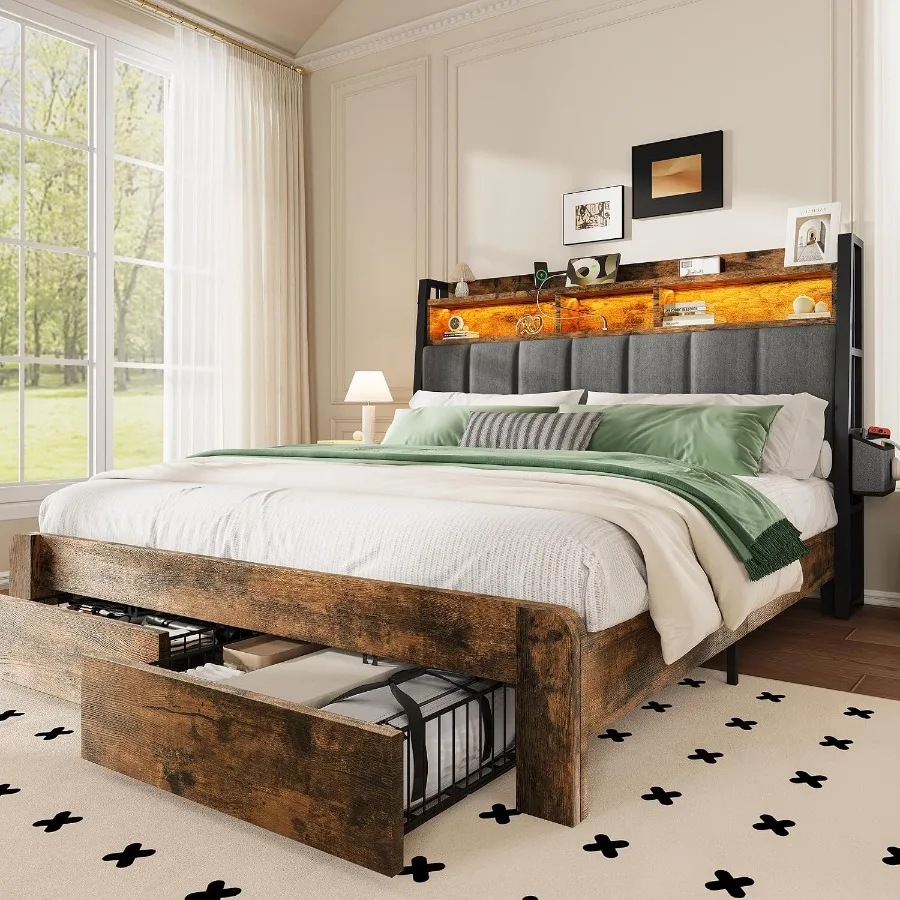 King Size Bed Frame With Storage Drawers - 2 adet çekmeceli, kahverengi kaplamalı, şarj