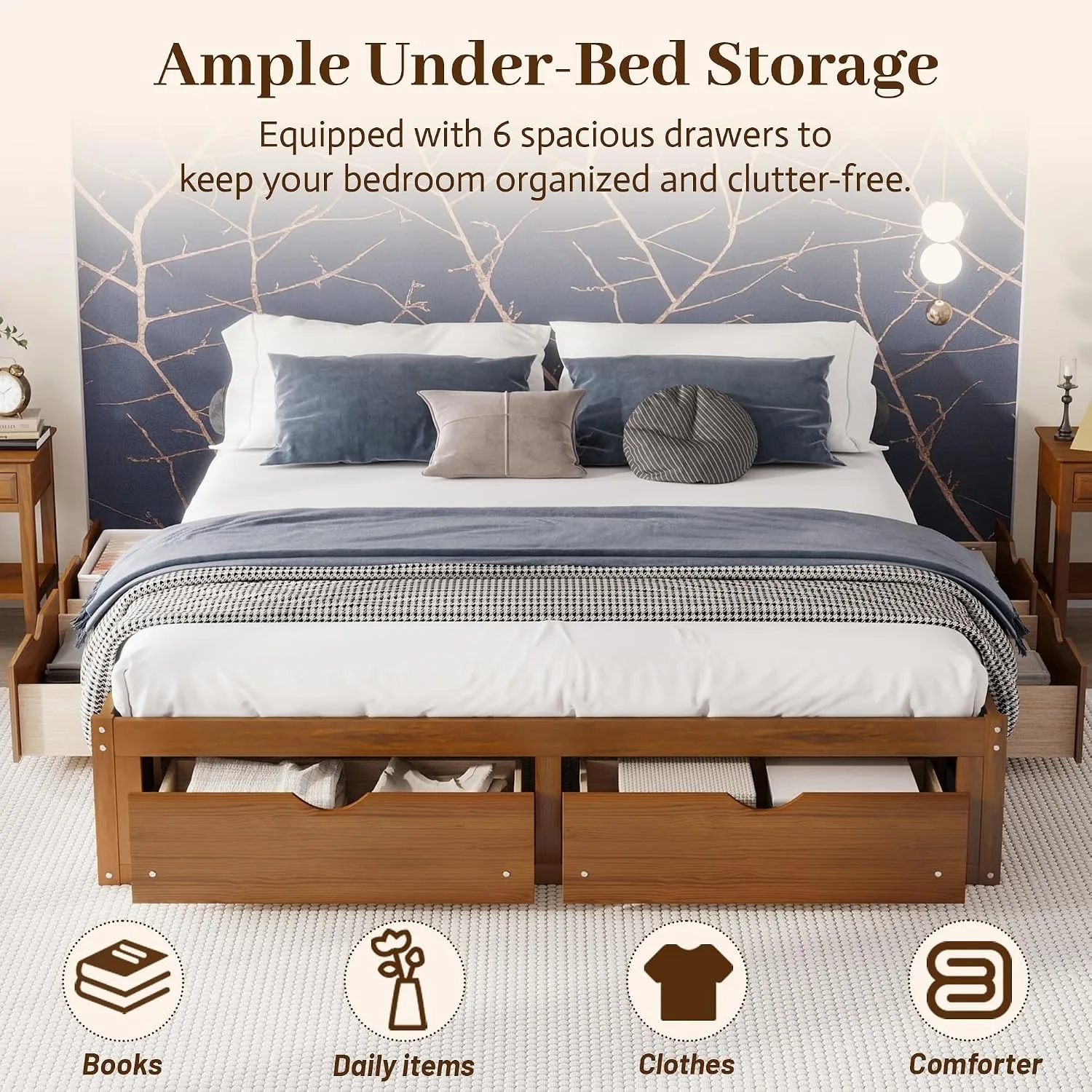 King Size Bed Frame With Storage Drawers - Minimalist Çam Ahşap Platform Yatak Çerçevesi,