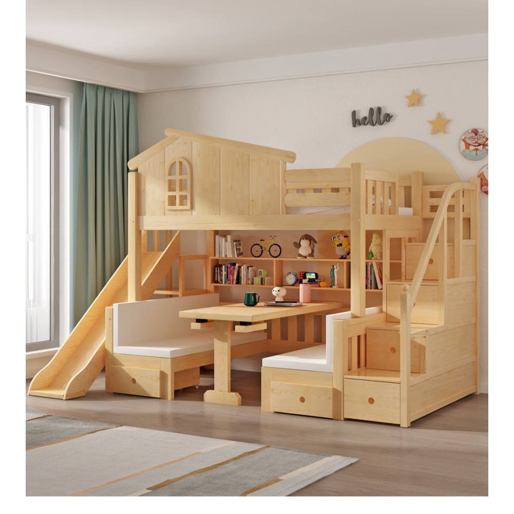 Bunk Bed With Stairs And Slide - Çalışma Masalı Ranza, Çok Fonksiyonlu Yüksek