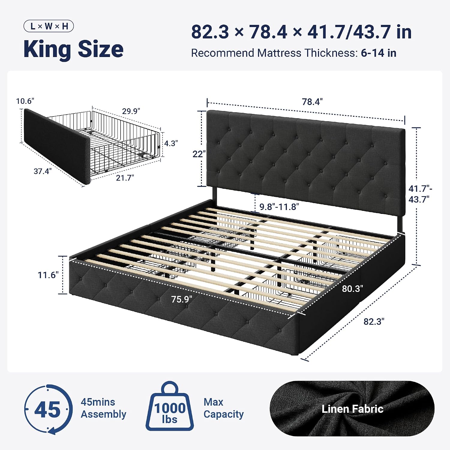Döşemeli King Boy Platform Yat - King Size Bed Frame With Storage Drawers incelemesi ve fiyatı